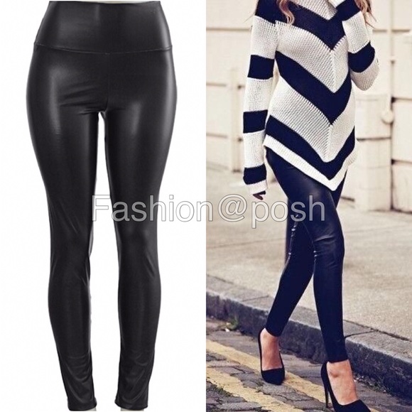 Black leather leggings faux lined High waist LINED - Picture 4 of 4